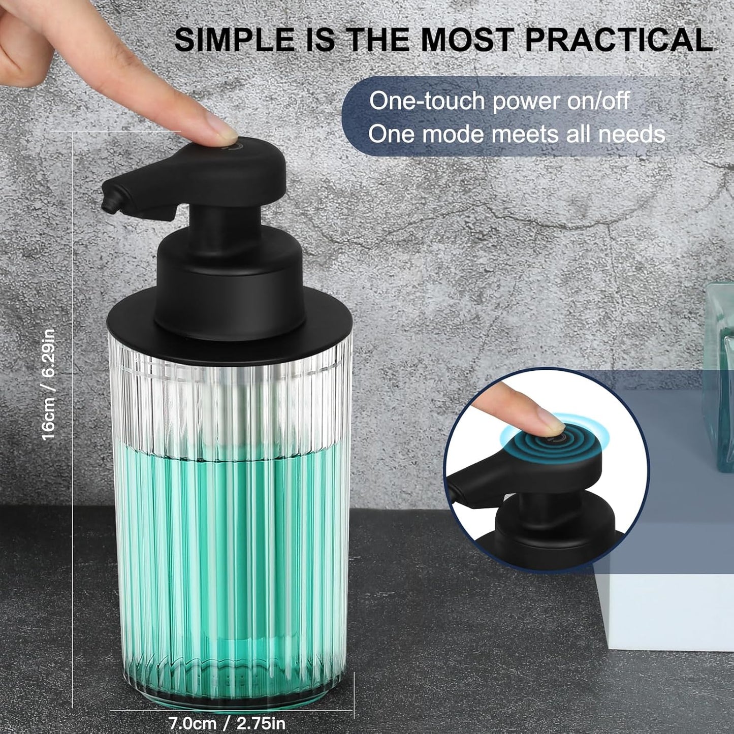Automatic Soap Dispenser Liquid Touchless: 9oz Black Acrylic - Rechargeable Electric Smart 3 Level Adjustable Auto Hand Soap Dispenser - Dish Bathroom Kitchen