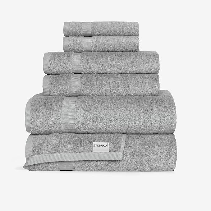 SALBAKOS 100% Turkish Cotton 6-Piece Towel Set | Heirloom Quality Hotel & Spa Collection | Soft, Super Absorbent 2 Washcloth, 2 Hand, 2 Bath Towel Sets | Made in Turkey (Silver, 6 Piece Towel Set)