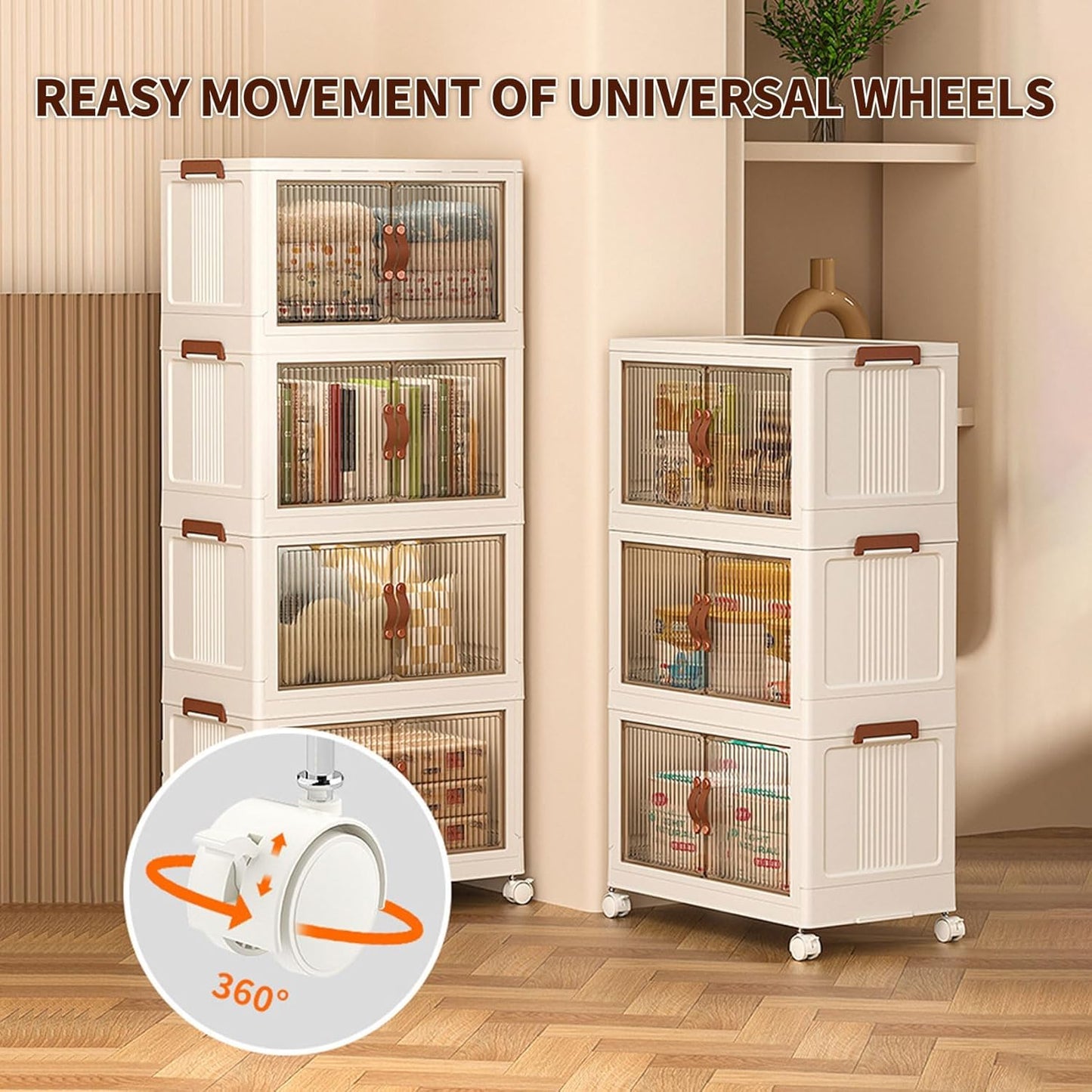 3-Tier Stackable Storage Bins with Lids & Open Front Design, Foldable Storage Bins with Wheels for Home Organization, Collapsible Space Saving Multi-Layer Organizer, 48QT