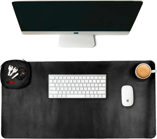 LEATHER VILLAGE -32''X16 Real Leather Desk Mat for Desktop & Laptop, with Leather Tray & Tea Coaster, 3mm Thick Desk Cover-Protector-Blotter- Black Color