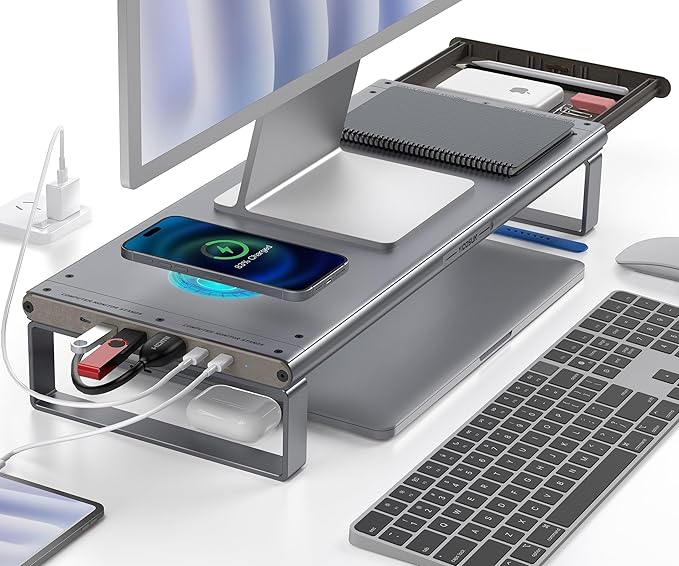 Monitor Stand HUB - Aluminum Riser with 6-in-1 Docking Station: 4K HDMI, USB-C, USB 3.0, PD 100W, Wireless Charging, Drawer Organizer - Gray