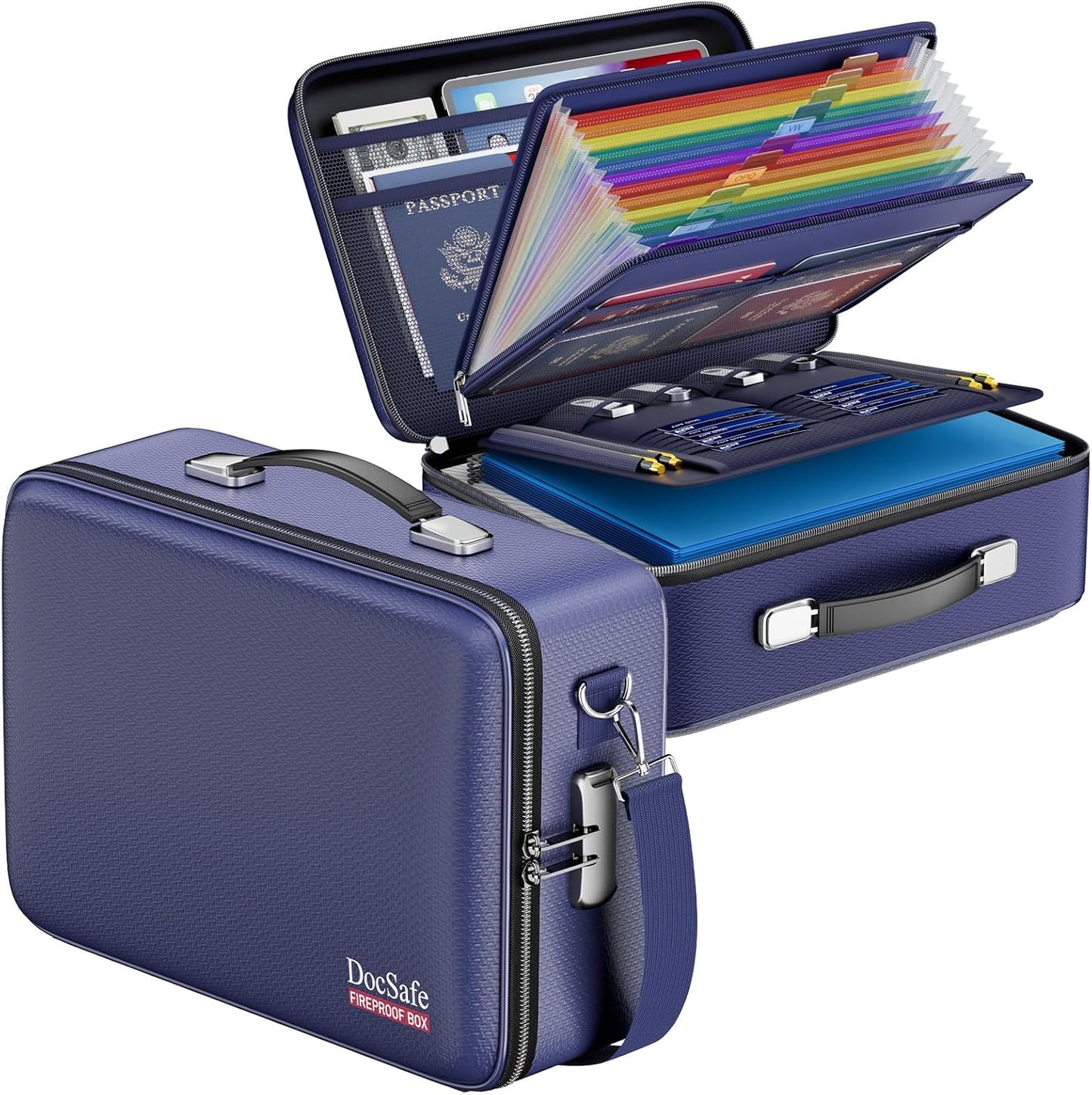 DocSafe Fireproof Document Box with Lock, Hard Case File Organizer with Accordion File Folder, Fireproof Water Resistant Safe Box Home Office Travel Storage for Important Documents Laptop Blue