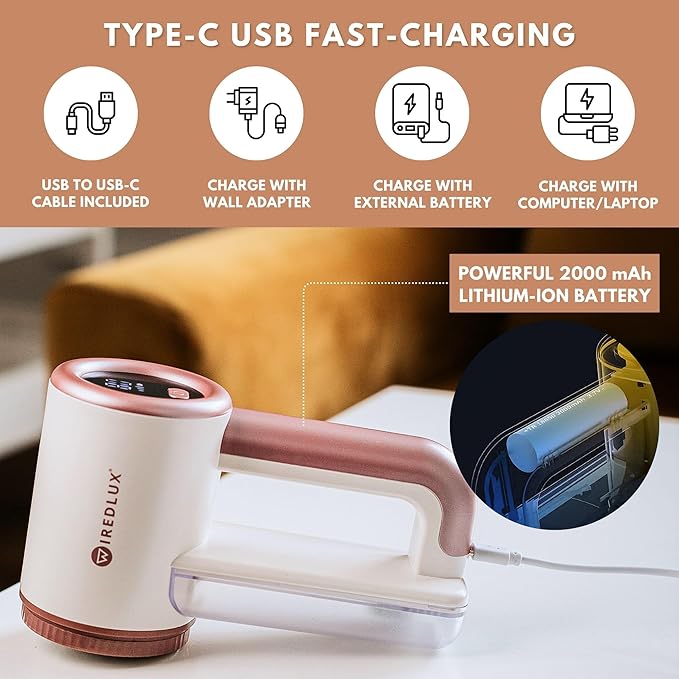 Rechargeable Fabric Shaver - Electric Lint Remover for Clothes & Couch - Adjustable 3-Speed, 6-Leaf Blade, LED Display, USB Charging - Depiller with Dual Protection