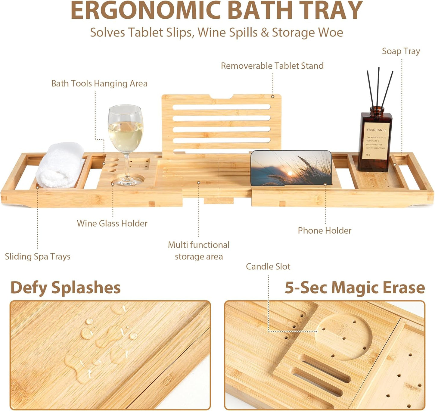 Bamboo Bathtub Tray | Splash-Proof Adjustable (28-40 Inch) | Non-Slip Pads, Wine Holder & Tablet Stand | Bath Relaxation & Reading Essentials