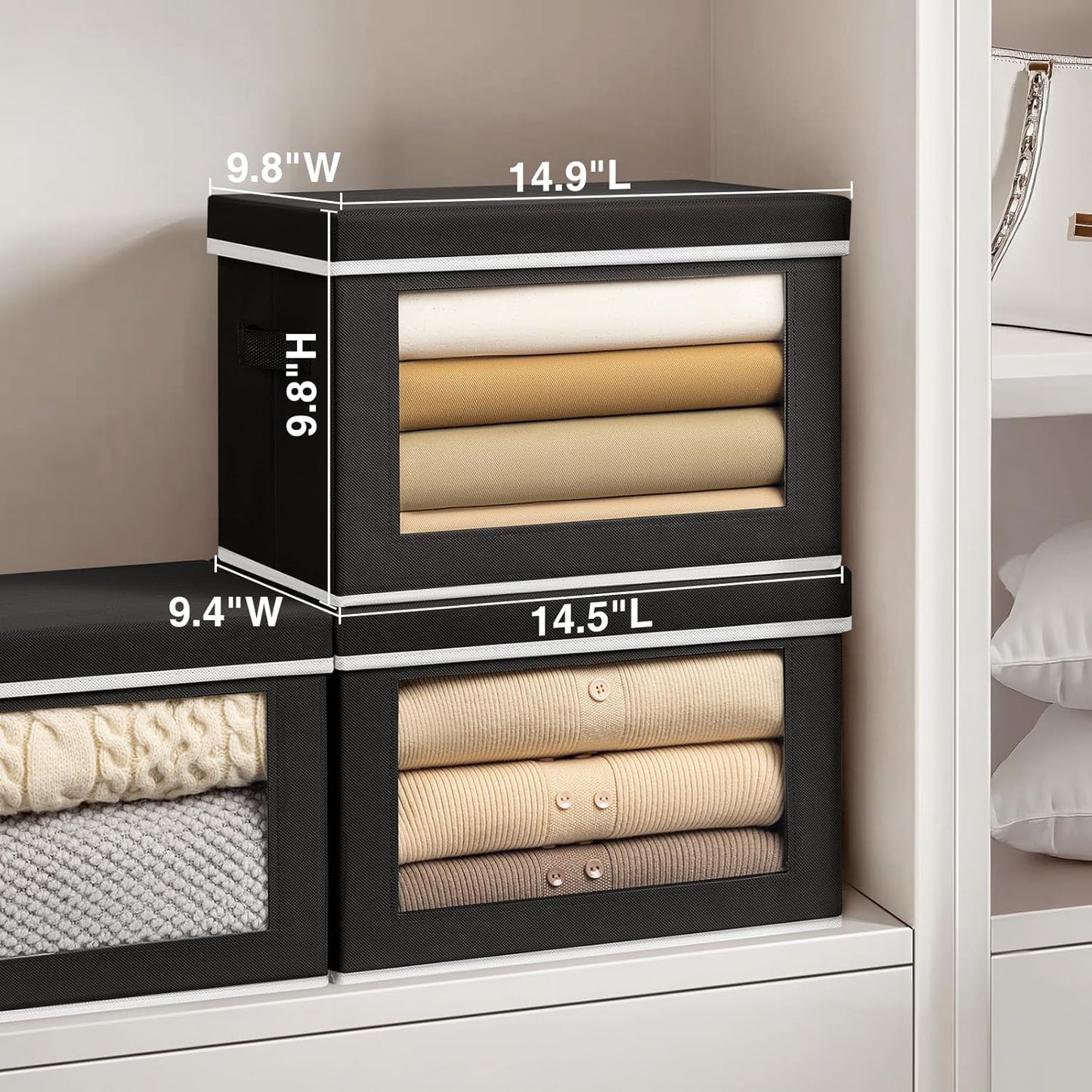 Storage Boxes with Lids, Collapsible Storage Bins with Handles, Closet Storage Baskets with Window, Fabric Storage Containers for Organizing Clothes, Towels, Books, 3 Packs, Black