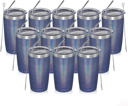 MEWAY 20oz Tumbler 12 Pack Double Wall Vacuum Insulated Travel Glitter Mug Bulk, Stainless Steel Tumblers with Lid and Straw, Powder Coated Coffee Cups for Woman(Rainbow Navy,Set of 12)