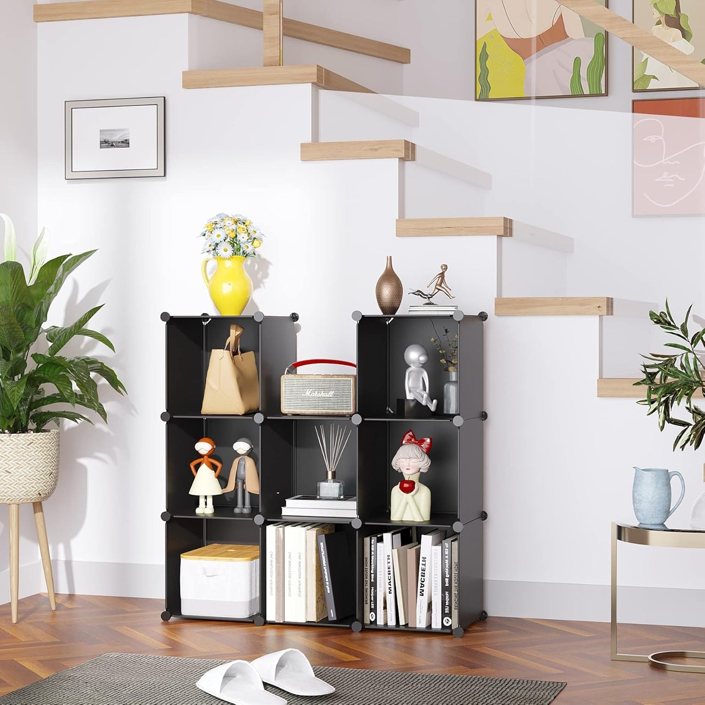 C&AHOME Cube Storage, 9-Cube Bookshelf, Plastic Closet Cabinet Organizer, DIY Stackable Bookcase, Modular Shelving Units Ideal for Home, Office, Kids Room, 36.6" L x 12.4" W x 48.4" H Black SHS3009A