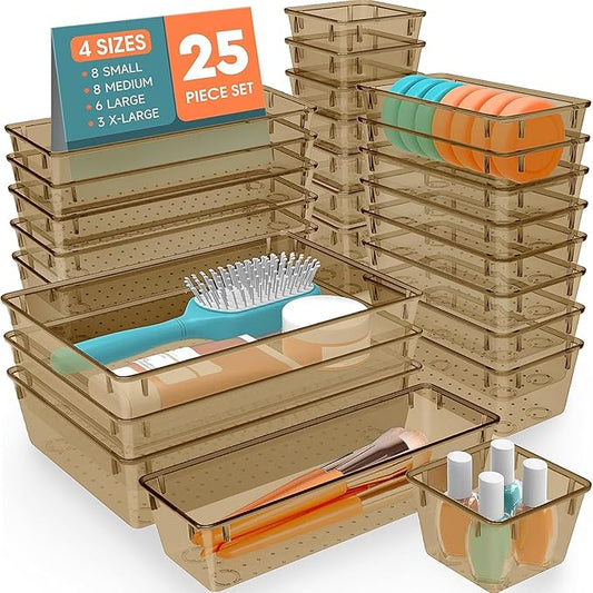 25 PCS Plastic Drawer Organizer Set, 4-Size Versatile Organizer Trays & storage Bins for Makeup, Jewelry, and Gadgets in Bathroom, Bedroom and Office,Champagne