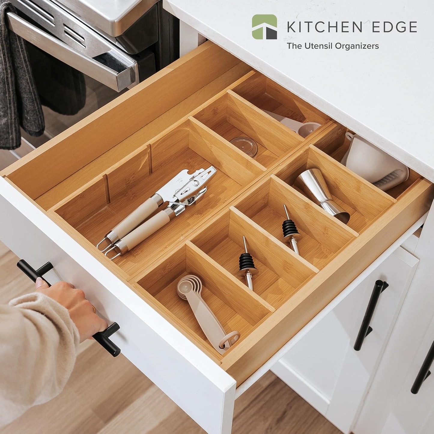 KitchenEdge Premium Kitchen Utensils and Junk Drawer Organizer – Small 5-Compartment Design with 4 Removable Dividers, Non-Slip Feet, 100% Sustainable Bamboo, 2 Pack