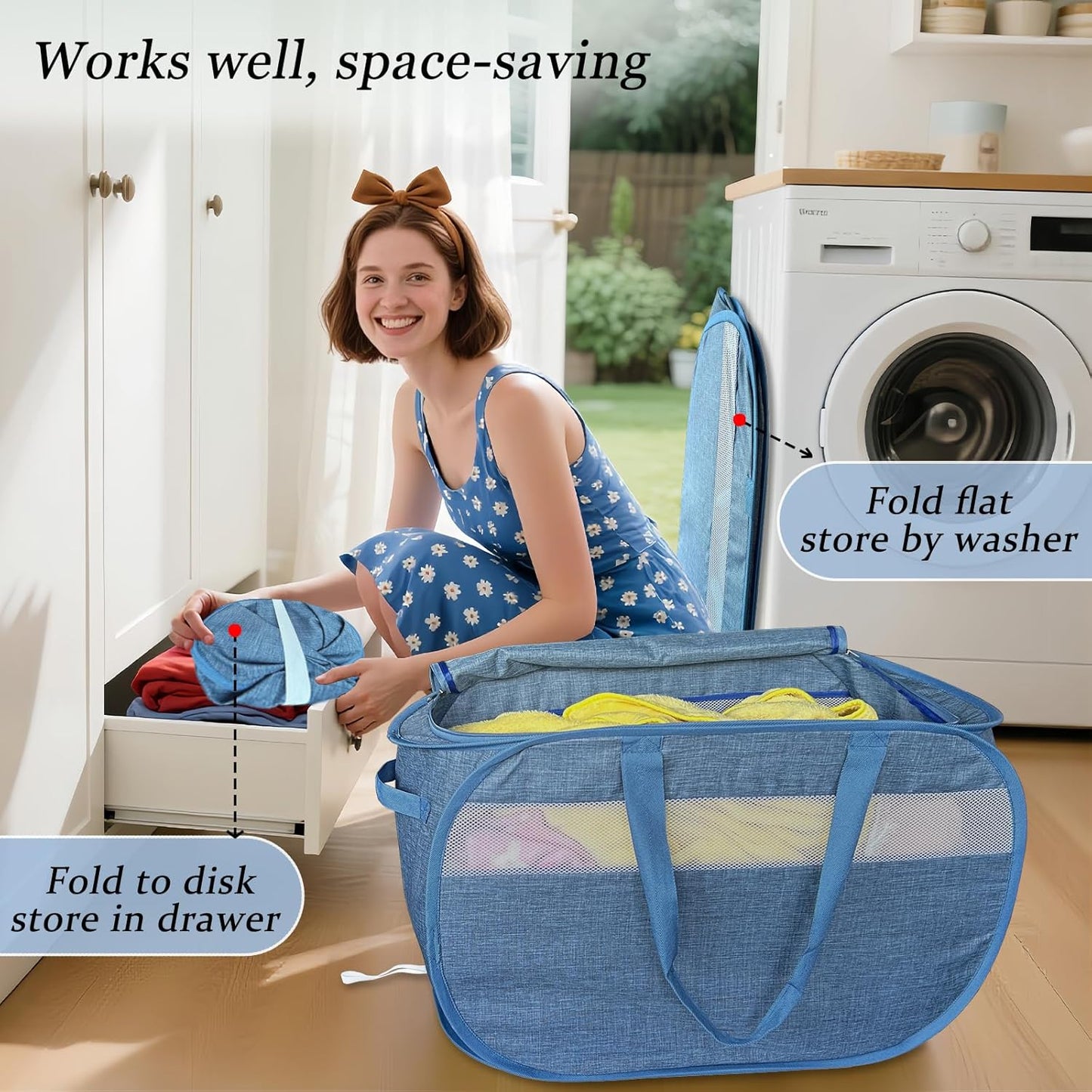 Upgraded 100L Extra Large Mesh Pop Up Laundry Hamper with Lid and Handles. XL Closet Storage Bins, Dirty Clothes Basket for Dorm Home, Foldable Laundry Basket. Blue. H