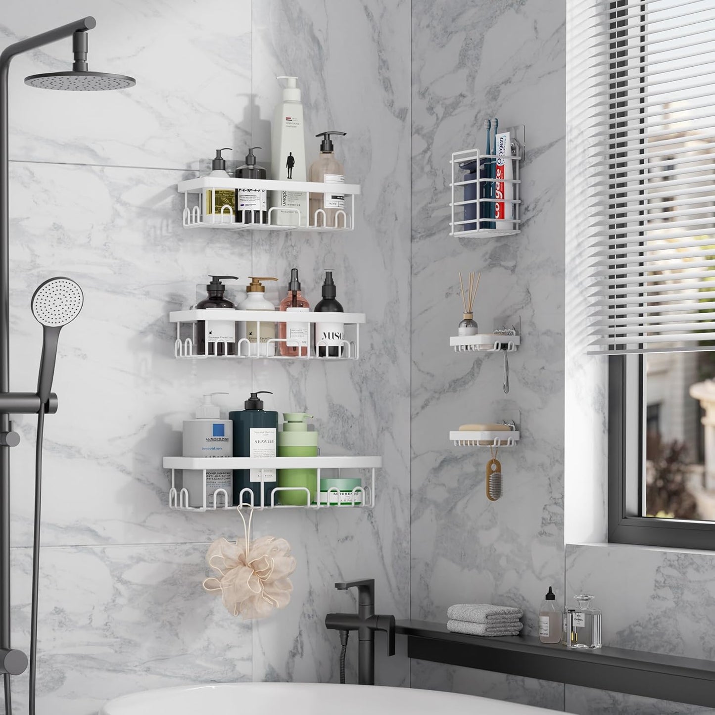 Veken 6-Pack Rustproof&Waterproof Shower Caddy, Adhesive Shelves Rack with Soap Holder, Large Bathroom & Washroom Organizer, No Drilling Wall-Mounted Kitchen&Home Decor,Ideal for Bathtub Storage,White