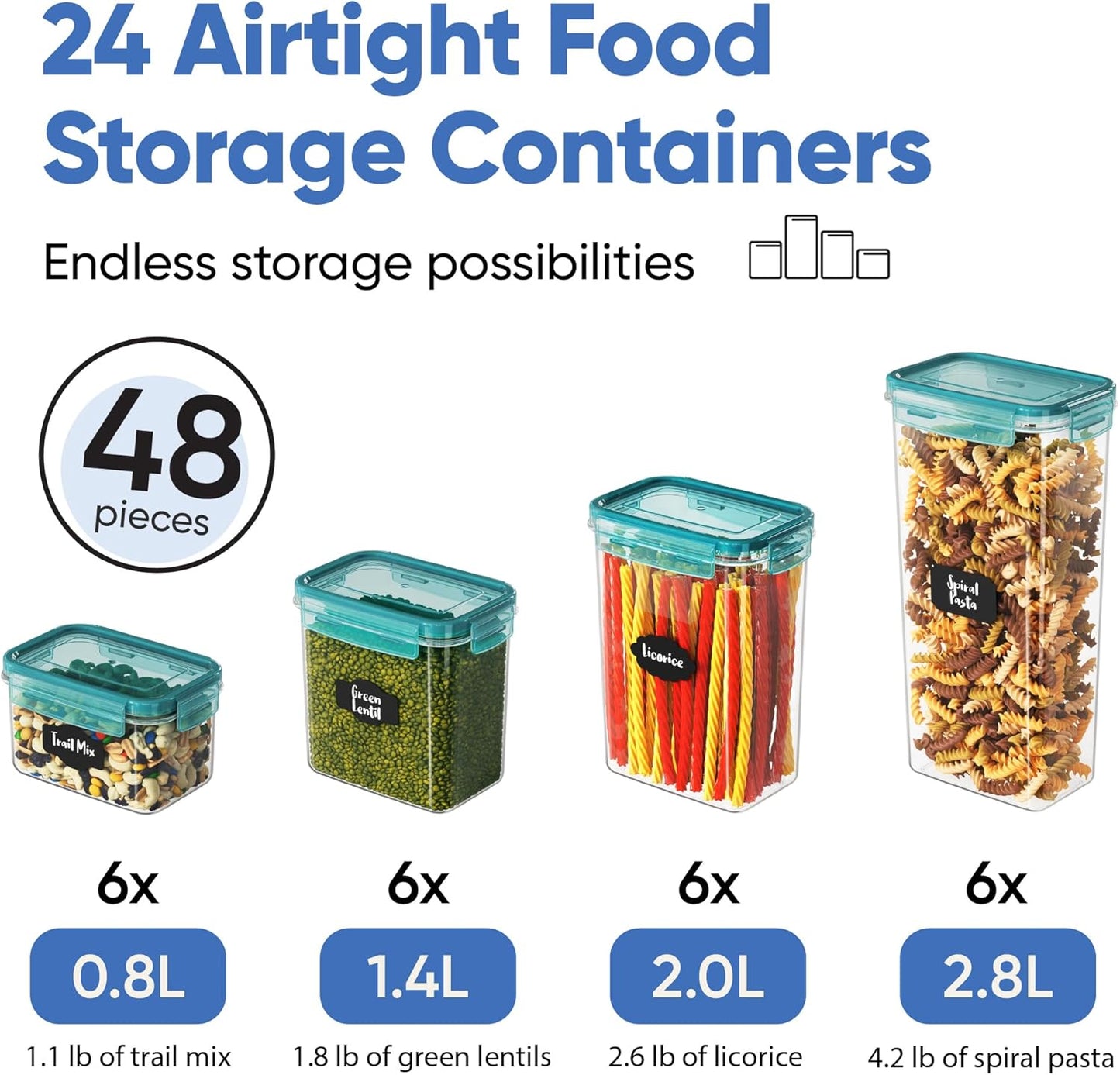 Chef's Path Airtight Food Storage Containers with Lids, 24 pcs (Teal Color) Plastic Kitchen and Pantry Organization for Dry Food, Flour and Sugar, BPA Free