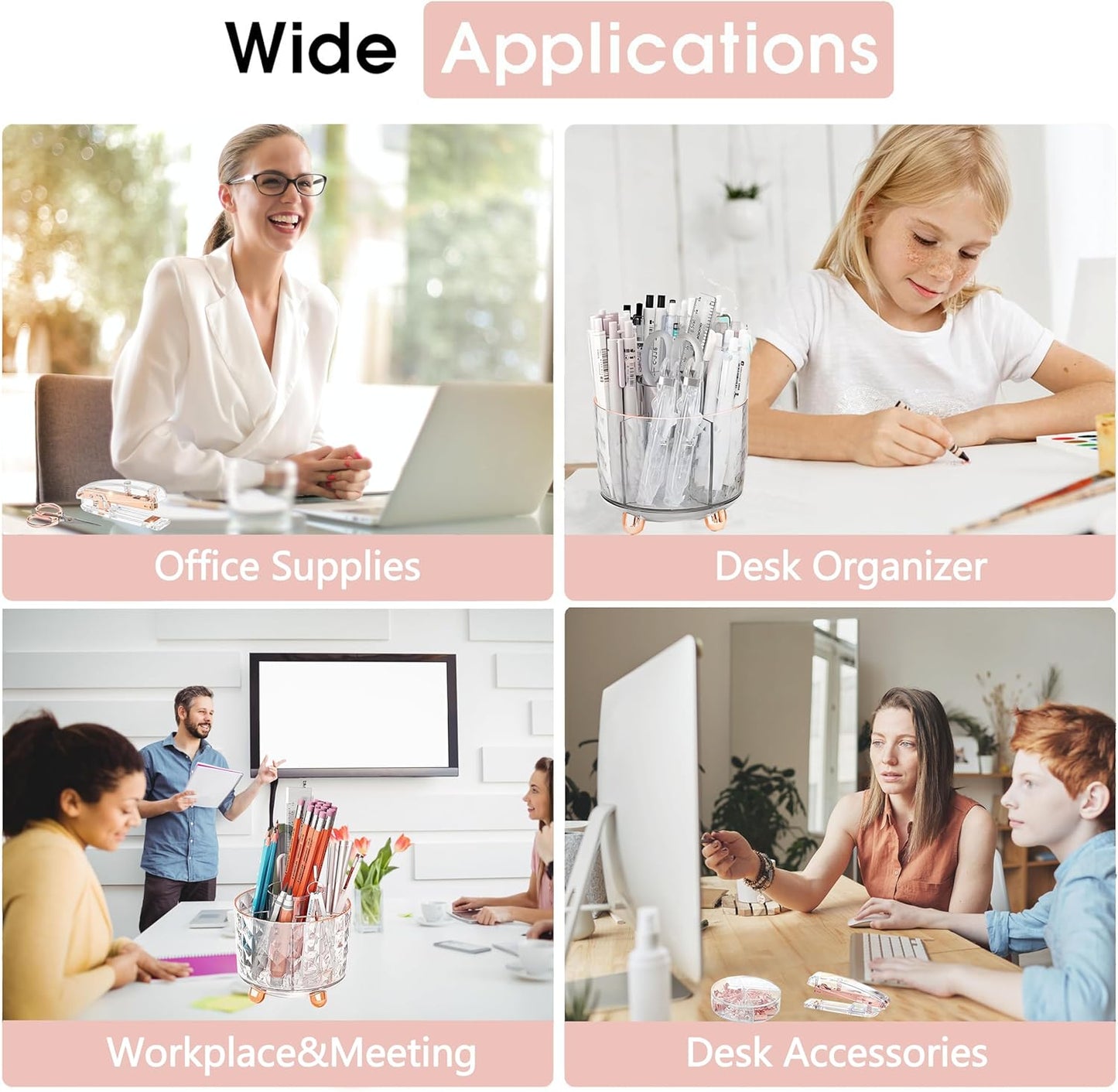 Rose Gold Desk Accessories, Office Supplies Desk Organizers 360°Pen Holder Acrylic Stapler Set, Phone Holder, Ballpoint Pen, Scissor, Binder Clips, Ruler, Transparent Glue, Sticky Note and Staples.