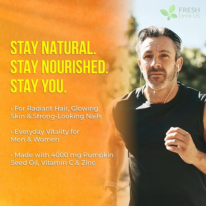 FreshDrinkUS, Premium 90 Pumpkin Seed Oil Gummies For Hair Growth, Youthful Skin, 4000mg Per Serving with Zinc & Vitamin C – Plant-Based, Non-GMO, Sugar/Gluten-Free, Men’s & Women’s Wellness Gummies