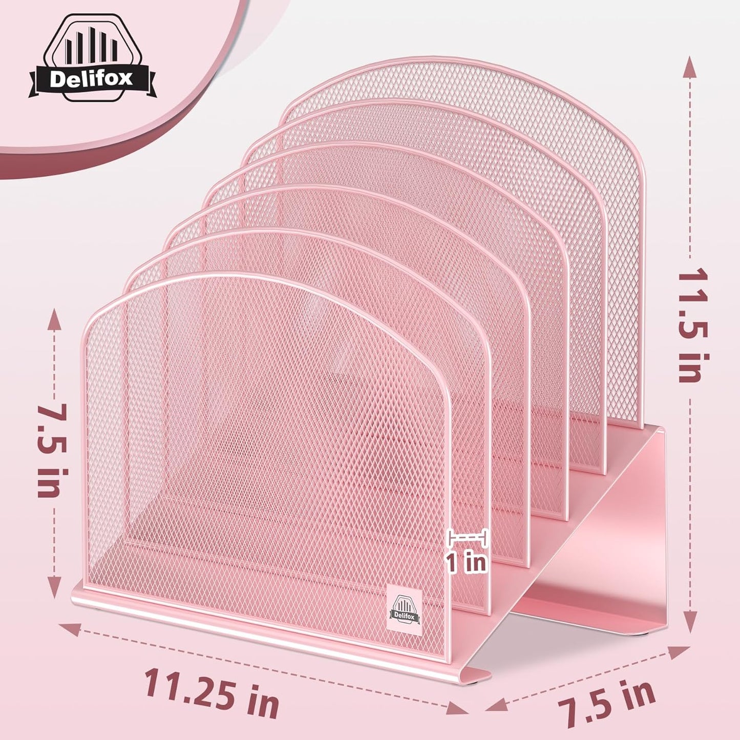 Inclined Desk File Organizer, 5-Section Vertical File Folder Holder Stand Metal Rack File Sorter for Office Classroom Desktop Organization (Pink, 1Pack)