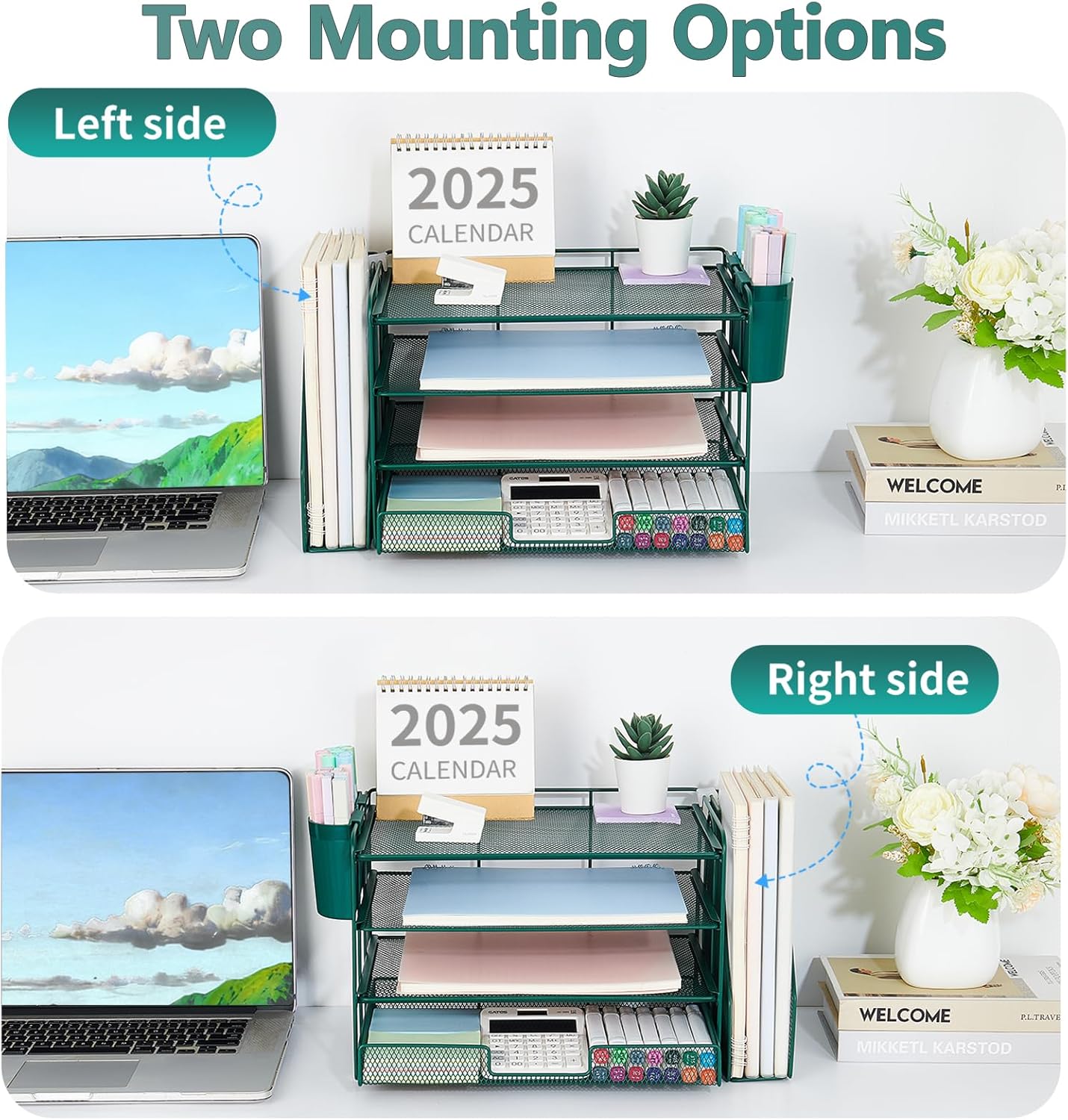 Desk Organizer and Accessories, 4-Tier Desktop File Organizer with Drawer and 2 Pen Holders, Office Desk Accessories, File Sorters, Workspace Organizers for Office Supplies(Dark Green)