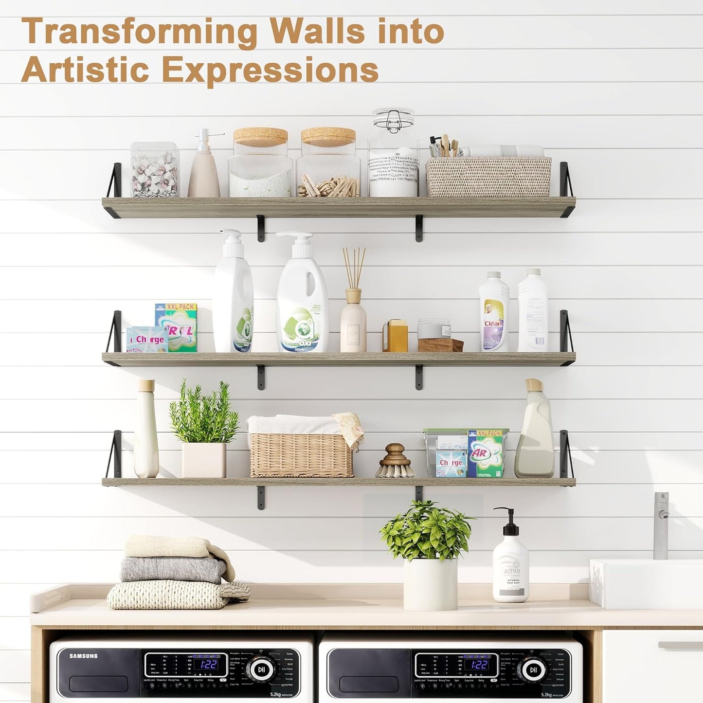 Fun Memories Extra Long Floating Wall Shelves, 48 x 8 Inches, Set of 3 Large Wood Floating Bookshelves with Metal Brackets for Storage & Display (Grey)