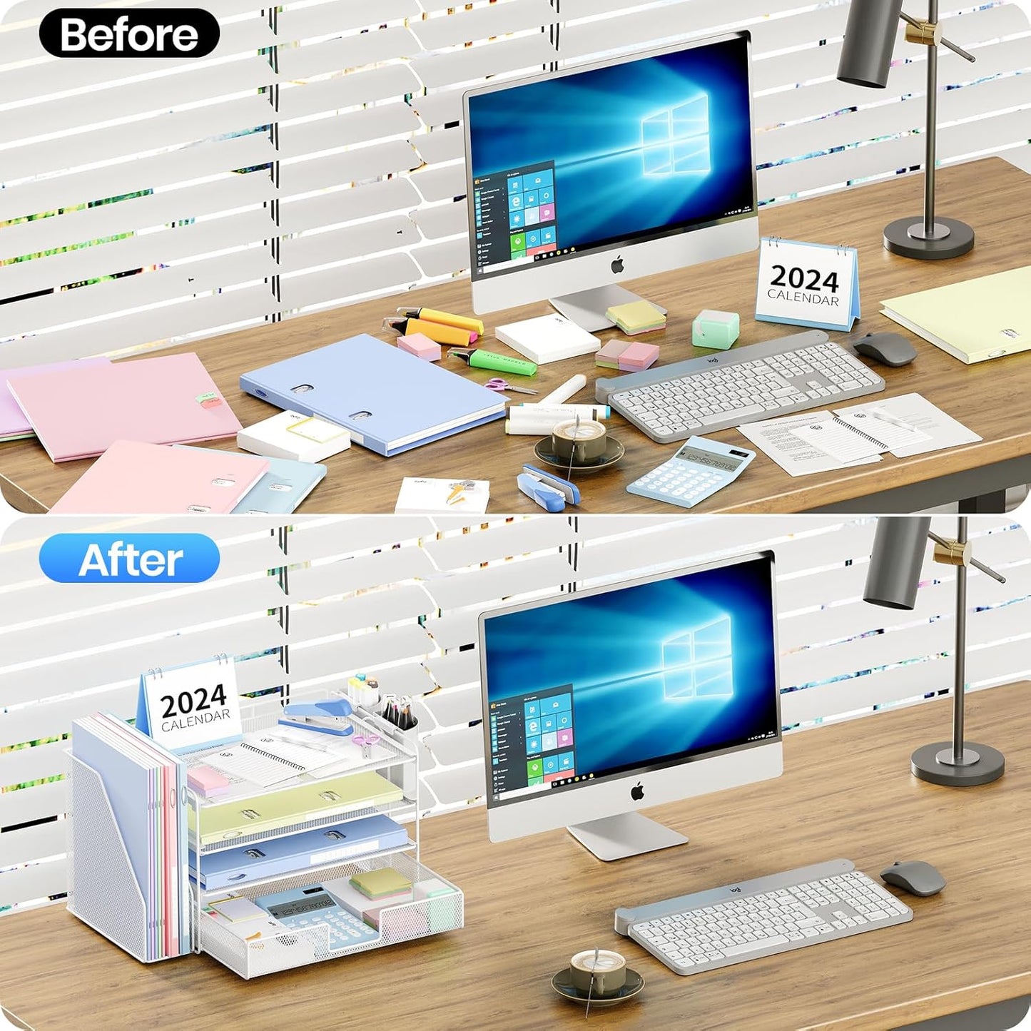 Desk Organizer and Accessories, 4-Tier Desktop File Organizer with Drawer and 2 Pen Holders, Office Desk Accessories, File Sorters, Workspace Organizers for Office Supplies(White)