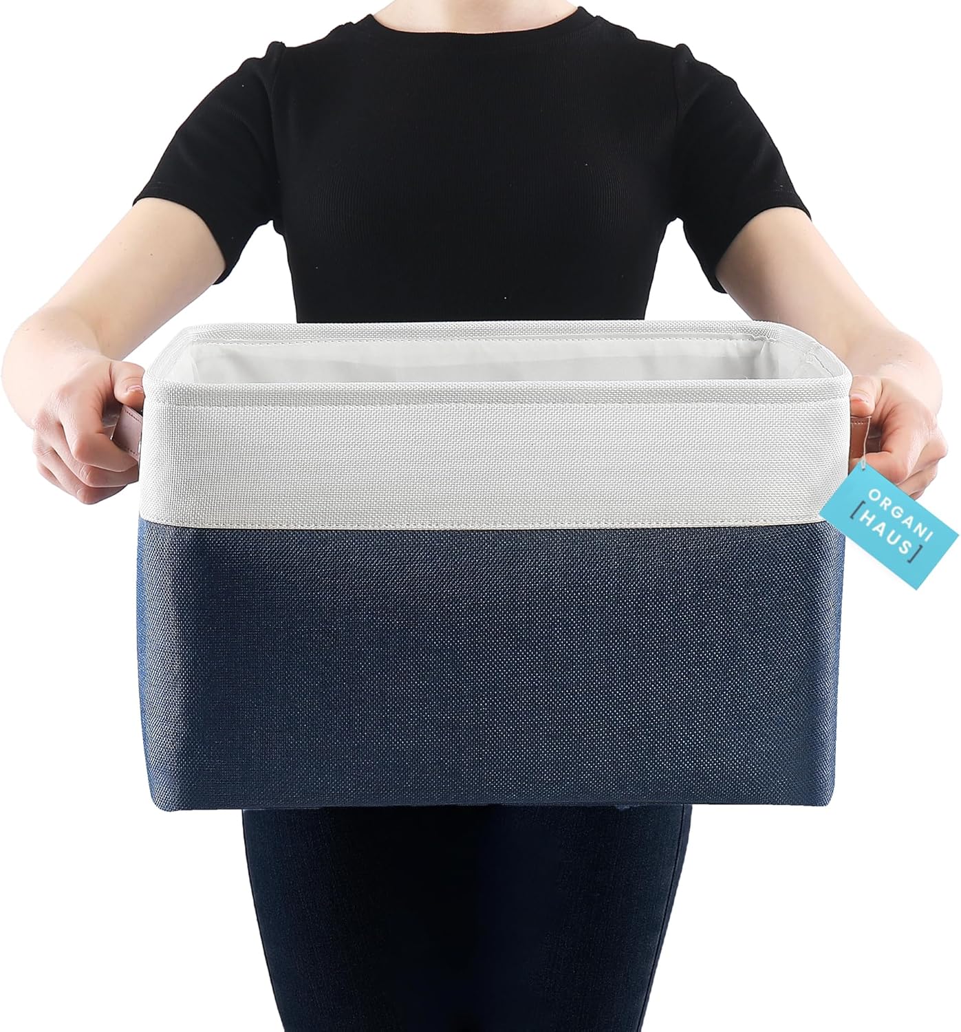 OrganiHaus Extra Large Fabric Storage Baskets for Shelves 3 Pack, 16x13in Closet Storage Bins for Shelves, Canvas Baskets for Organizing, Linen Closet Organizers, Cloth Basket, Navy Blue/Off-White