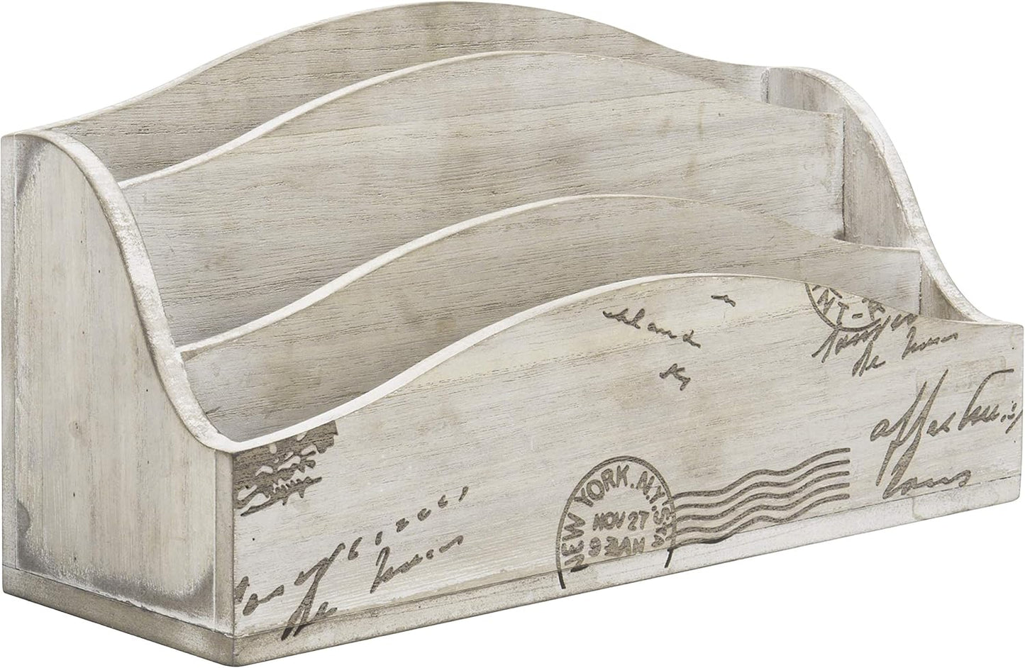 MyGift 3 Slot Vintage Postcard Design Beige Wood Home Countertop Mail Letter Holder, Wooden Office Desk Organizer, File Sorter, Bill Divider, Envelope Storage Bin