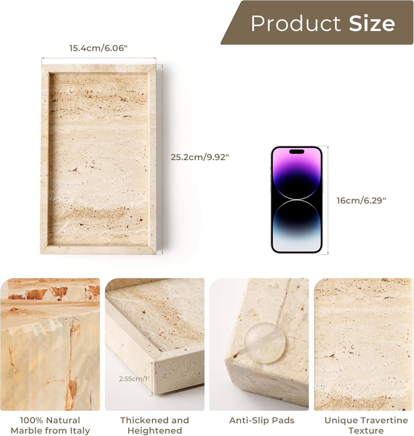 WORHE Italy Travertine Stone Vanity Tray for Jewelry, Perfume, Makeup, Candle,Natural Marble Decorative Trays for Bathroom Dresser Rectangle Kitchen Storage Organizer for Home Decor Beige (WH020)