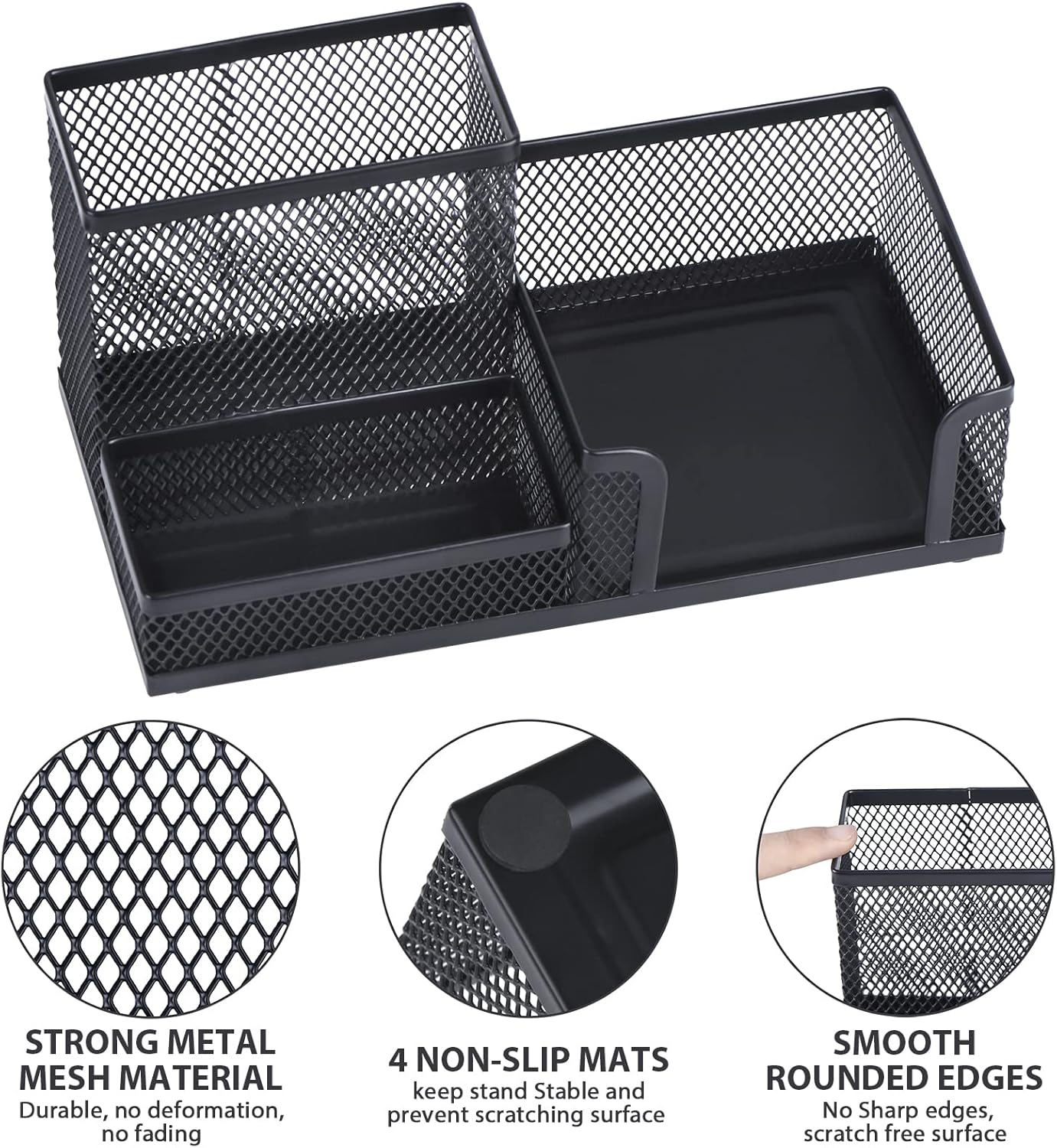 2-Piece Desk Pen & Pencil Organizer - Mesh Metal Pen Cup with Sticky Notes Holder, Black