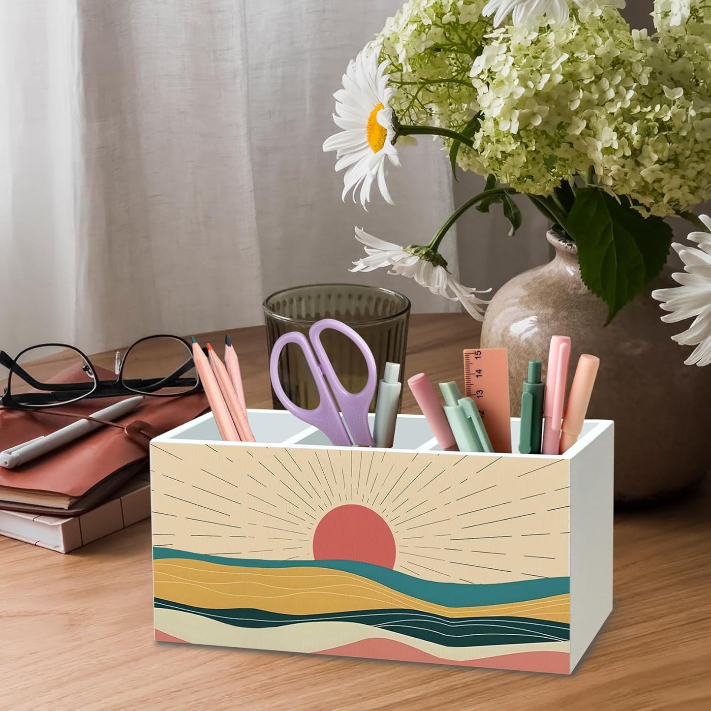 DILSJ Boho Abstract Sunshine Pen Pencil Holder Organizer for Desk, Boho Office Decor, Mid Century Modern Minimalist Sunshine Landscape Wooden Box Signs for Home Office Desk Tabletop Decoration