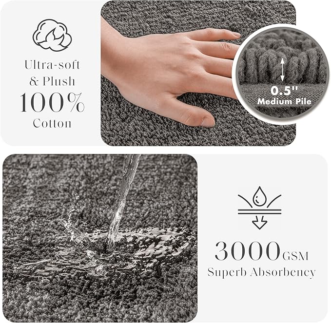Madison Park Splendor Reversible 100% Cotton Tufted Bathroom Rug-3000 GSM Hotel Quality Luxurious Plush Medium Pile Bath Mat Absorbent, Quick Dry, Shower Room Décor, 17x24 Charcoal