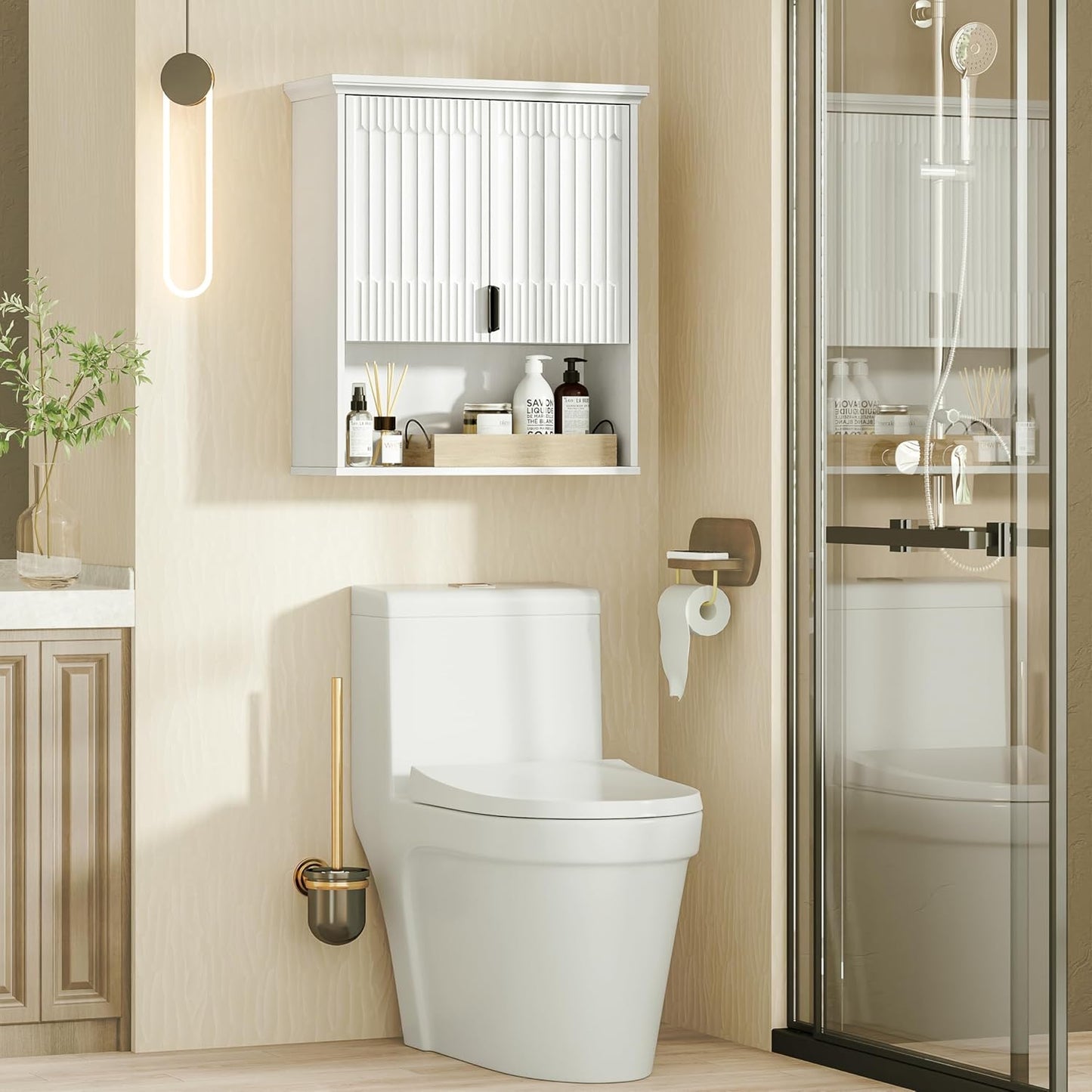 FLOWBACK Wall Mount Bathroom Cabinet, Wooden Medicine Cabinet Storage Organizer with Fluted Doors and Adjustable Shelf, Over The Toilet Space Saver Storage Cabinet (White)