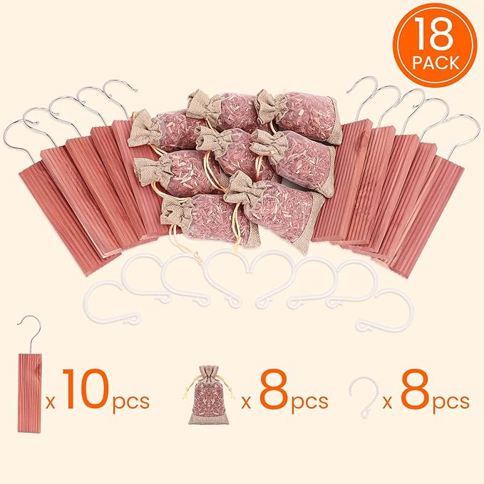Homode Cedar Blocks for Clothes Storage, Cedar Sachets with Hanging Hooks, Set of 18, Aromatic Cedar Wood for Drawers and Closets, 10 Cedar Hangers and 8 Bags