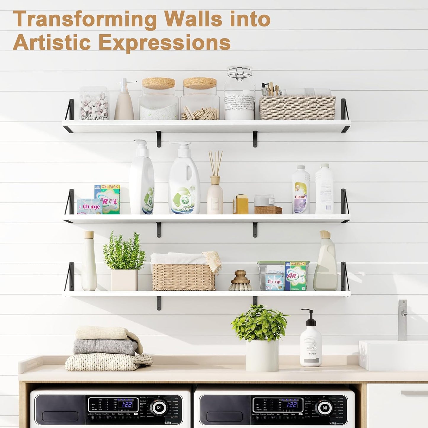 Fun Memories Extra Long Floating Wall Shelves, 48 x 8 Inches, Set of 3 Large Wood Floating Bookshelves with Metal Brackets for Storage & Display (White)