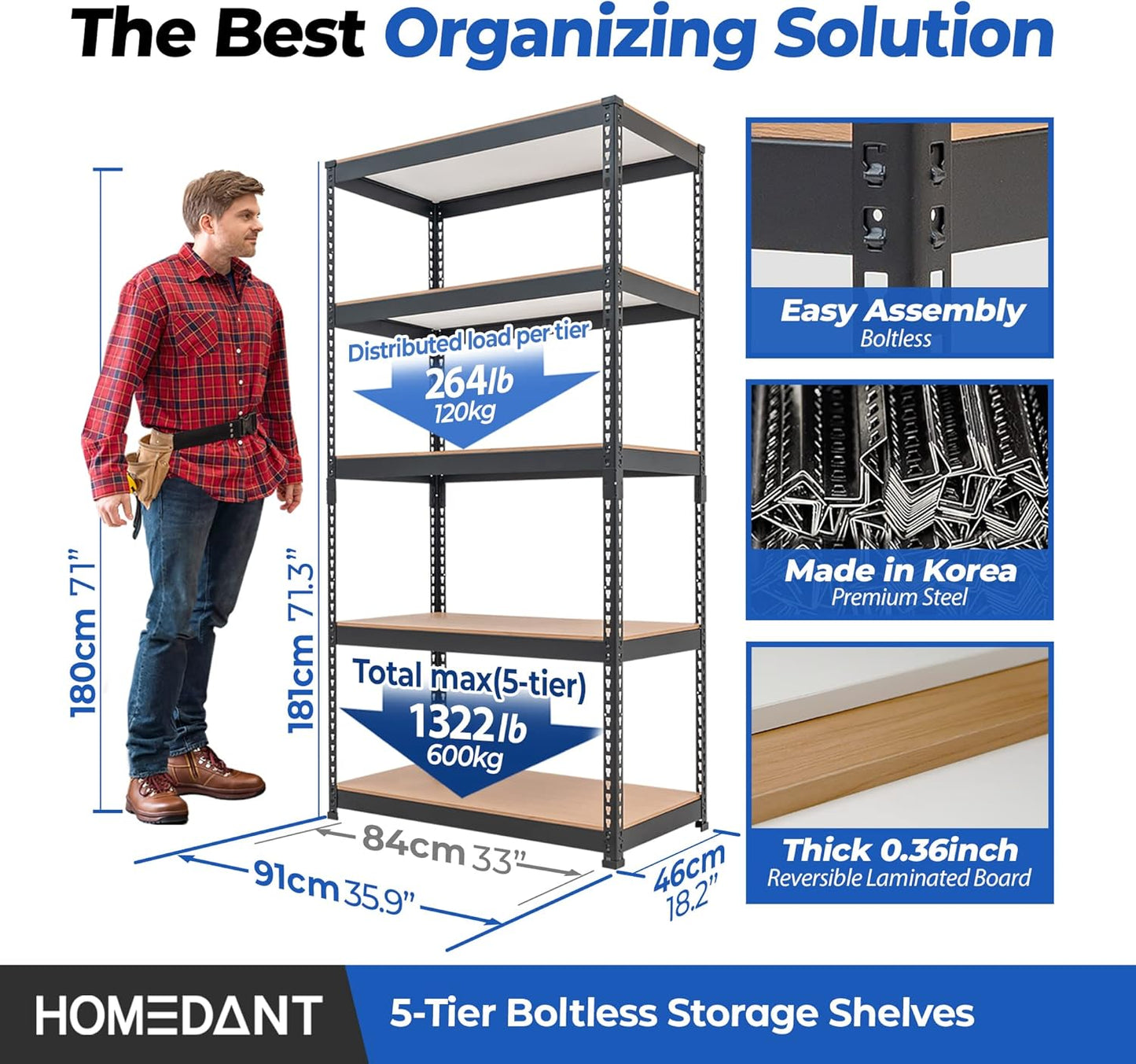 HOMEDANT 5 Tier Laminated Boltless Metal Shelving Unit Adjustable Garage Storage Utility Rack Heavy Duty Shelves Organization Multipurpose Shelf Warehouse Pantry Shed 35.9" W x 18.2" D x 71.3" H 4Pack