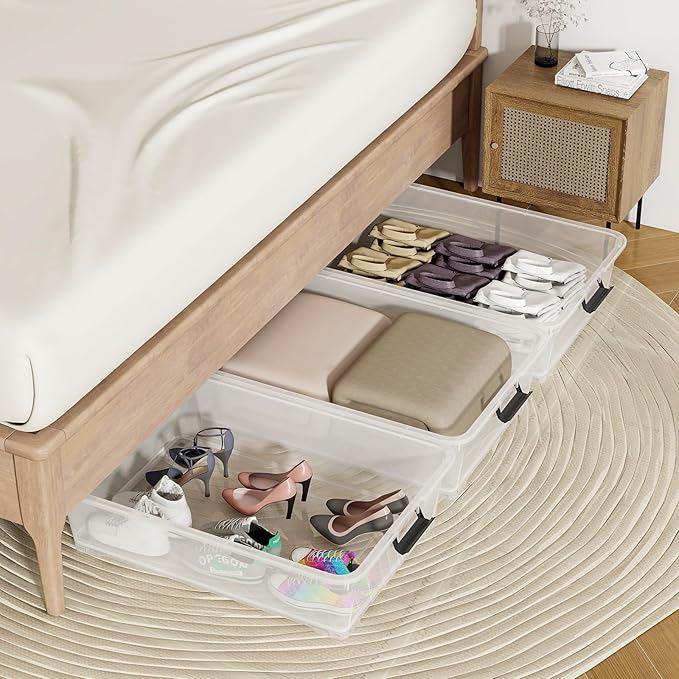 Morcte 50 Quart Clear Plastic Under Bed Storage Box, 3-Pack Under Bed Storage Containers on Wheels