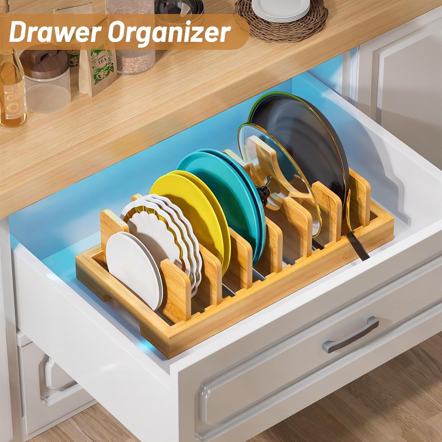 Bamboo Pot and Pan Organizer, Pot Lid Organizer Holder Rack for Countertop Drawer, Kitchen Cabinet Organizer with 7 Adjustable Dividers for Pots, Pans, Baking Sheets, Cutting Boards, Nature