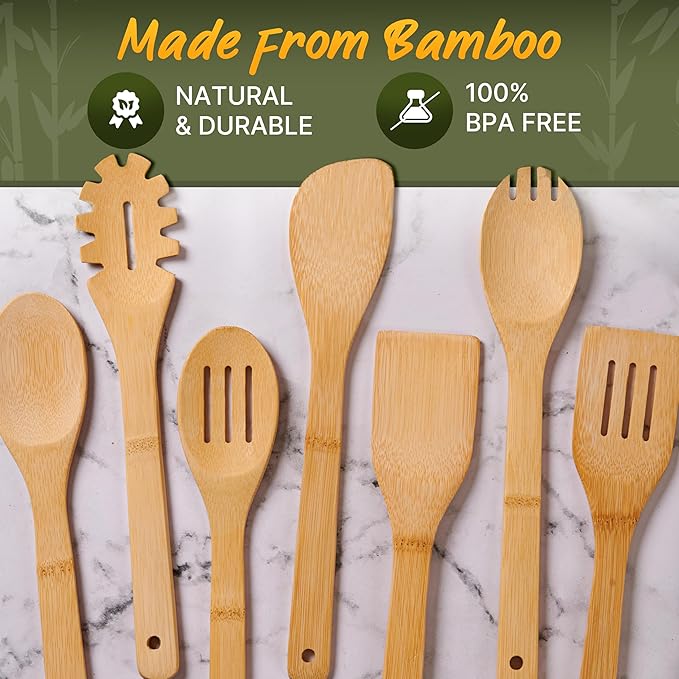 Wooden Utensil Set, Bamboo Utensils – 7 PCs Wood Spoons for Cooking, Easy to Clean, Sturdy, Lightweight & Heat Resistant
