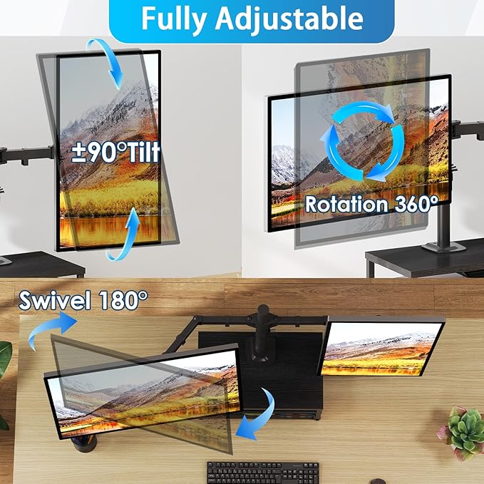 Dual Monitor Stand with Desk Organizer, Heavy Duty VESA Dual Monitor Arm Mount for 13″-27″ Computer Screens, Free-Standing Monitor Arms for Home Office/Gaming, Adjustable Height Angle, Loads 20Lbs/Arm