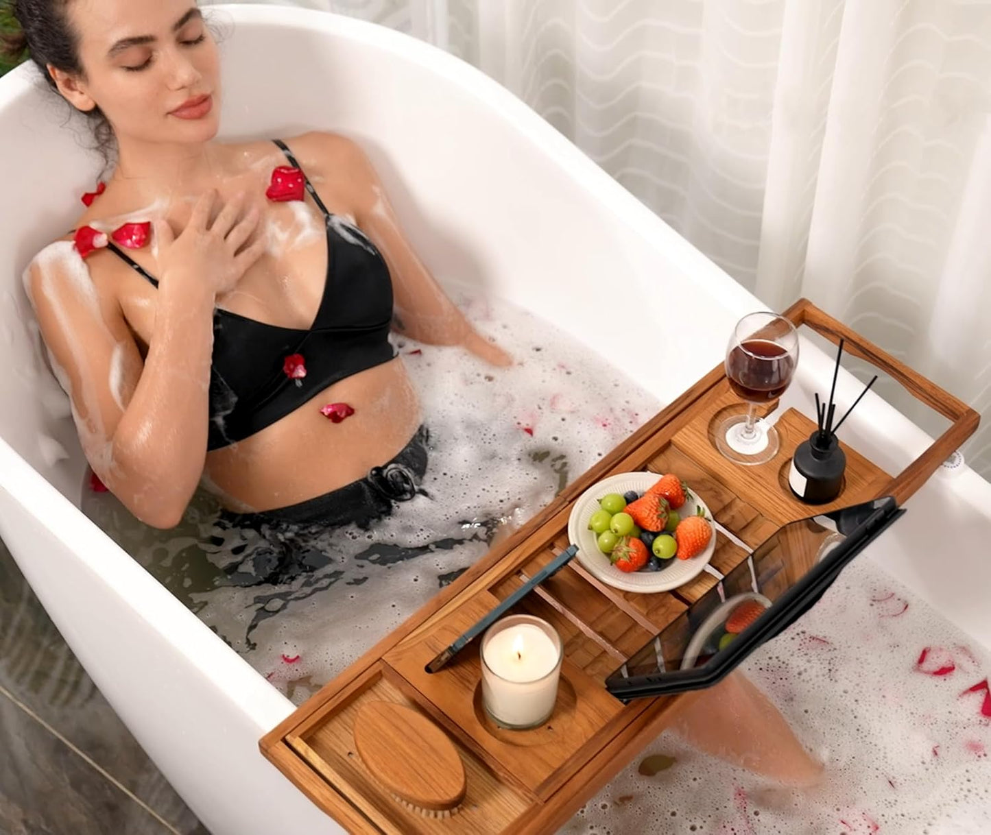 Utoplike Teak Bathtub Caddy Tray Bath Tray for Tub, Unique Bathtub Organizer with Book Tablet Wine Glass Cup Towel Holder, Adjustable, for Your Loved