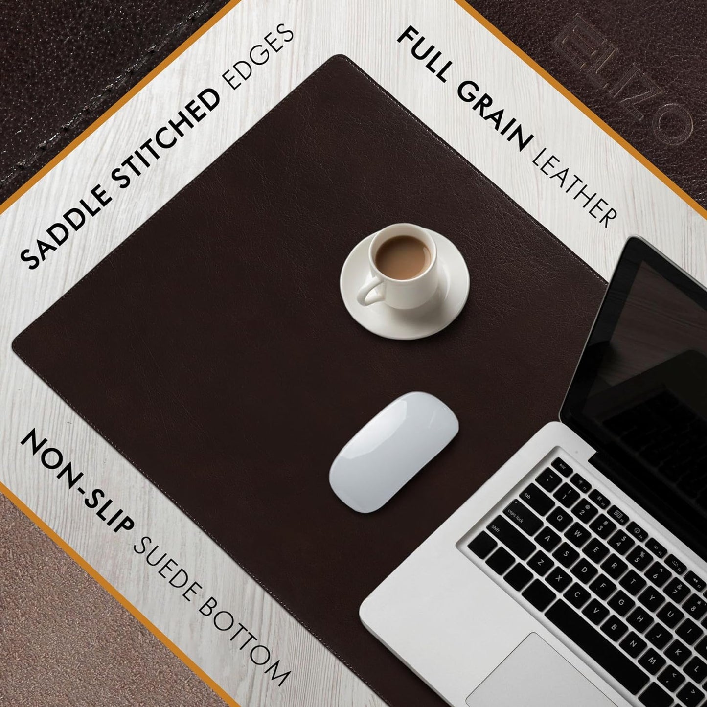 Elizo Leather Desk Mat Desk Pad Blotter Set - Real Full-Grain Leather (32x16) 2-Layer Genuine Desk Cover Protector & Large Mouse Pad | Computer Keyboard Desk Accessories for Office & Home