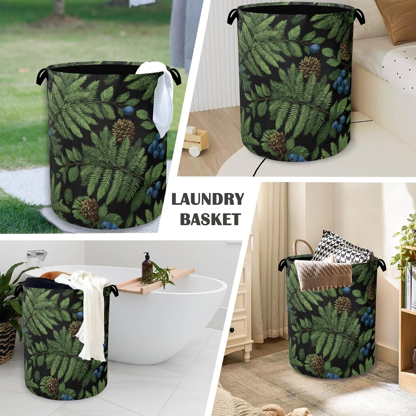 Ferns Blueberry Laundry Basket,Nuts Foldable with Handles Tote Bag Oxford Cloth for Bathroom Bedroom Dirty Clothes Storage Bucket 16" x 20.8"