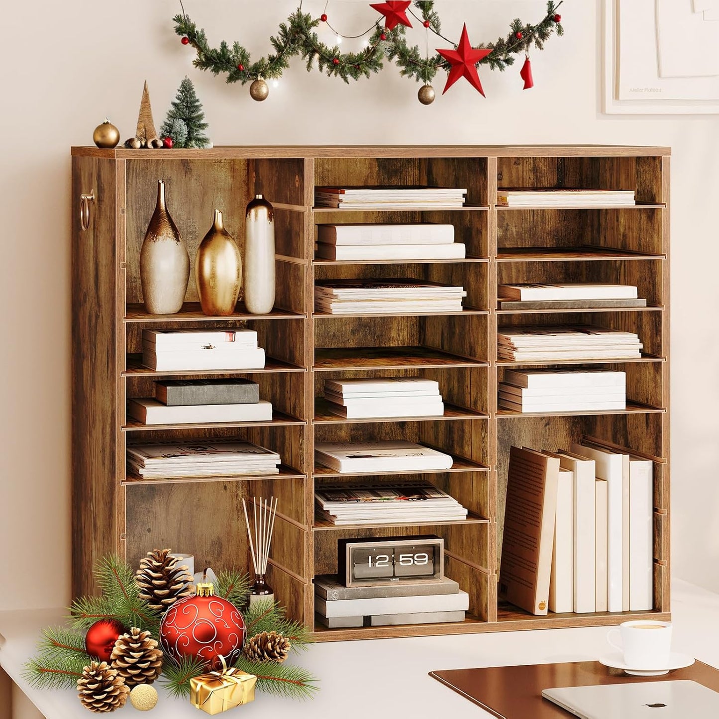 HOOBRO Literature Organizer, 27 Compartments Wooden Mail Organizer, Countertop Literature Sorter with Adjustable Shelves for Home, Office, School, Student Mailbox for Classroom, Rustic Brown FG27WF01