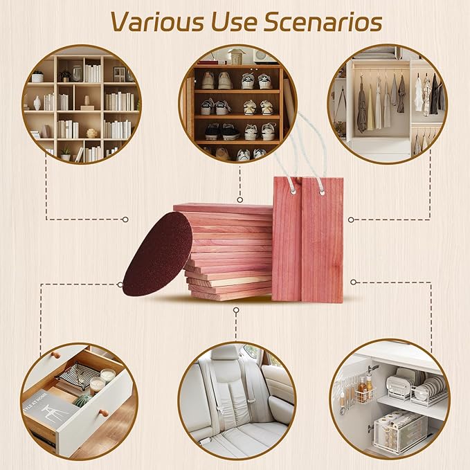 Cedar Blocks for Clothes Storage - 40 Pack Red Cedar Planks, 100% Natural Aromatic Cedarwood with Cotton Rope and Sandpaper for Closets & Drawers Freshener