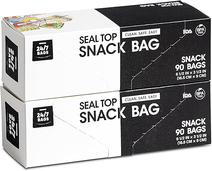 24/7 Bags- Snack Zip Storage Bags, 180 Count, Single Zipper Seal, Easy Grip Open Tabs, Write-On Space, BPA-Free & Heavy Duty, Microwave Safe, Non-StandUp