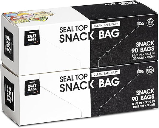 24/7 Bags- Snack Zip Storage Bags, 180 Count, Single Zipper Seal, Easy Grip Open Tabs, Write-On Space, BPA-Free & Heavy Duty, Microwave Safe, Non-StandUp