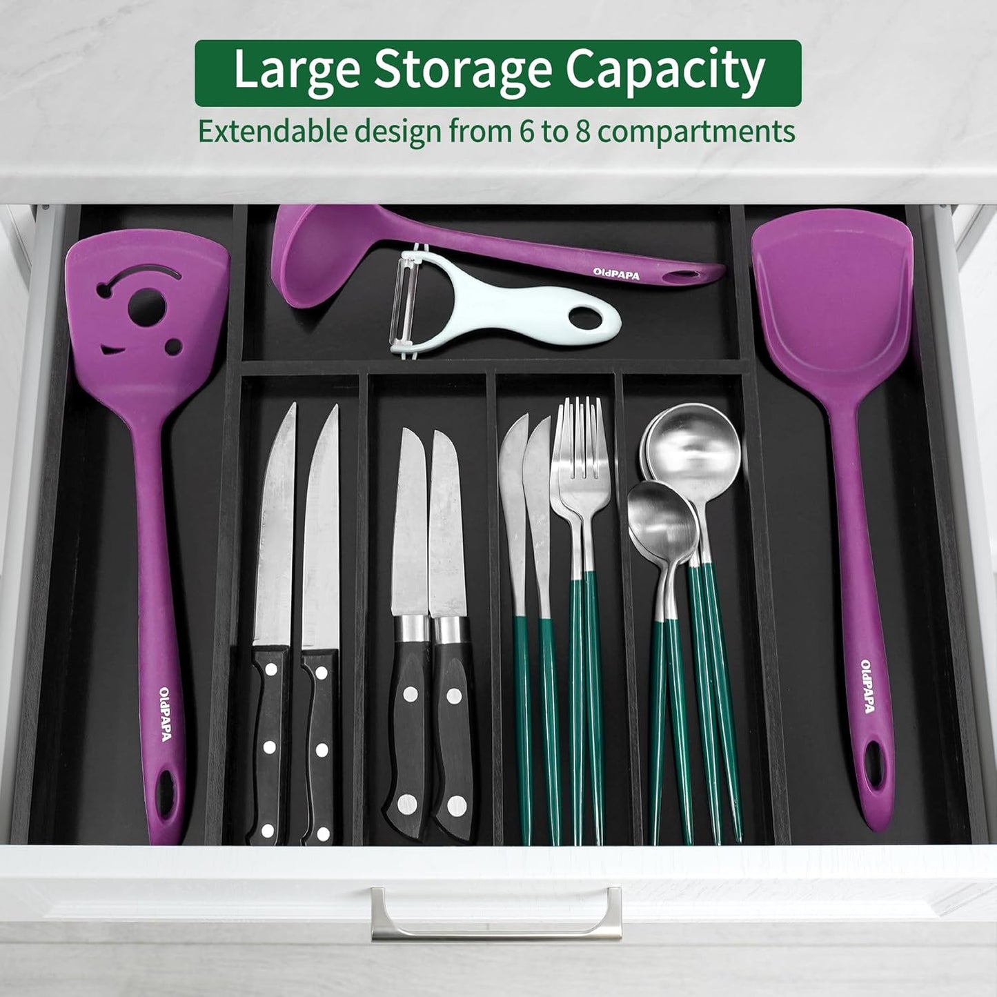 Utoplike Bamboo Silverware Drawer Organizer, Expandable Kitchen Utensils Drawer Organiser, Cutlery Tray Dividers, Flatware Caddy Drawer Insert, Office Supplies, Black 5-7 Slot