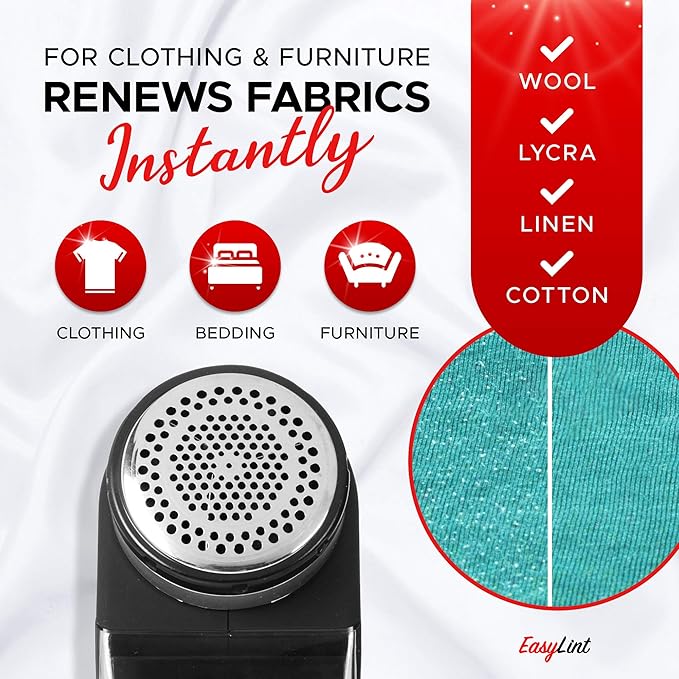 EasyLint Professional Fabric Shaver Lint Remover, Electric Sweater Shaver for Clothes & Furniture Works with AC Adapter or Batteries, Pilling Remover with 2-Blades, Cleaning Brush & Power Cord