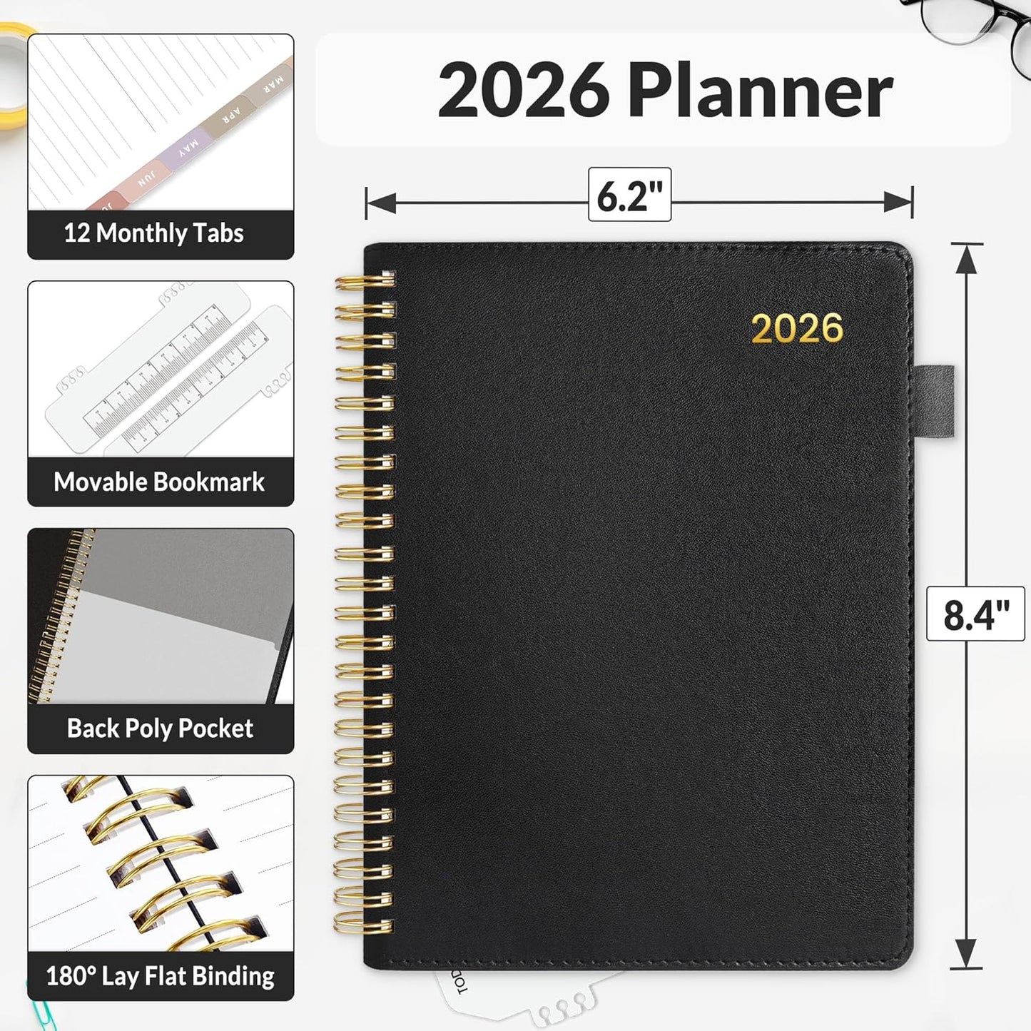 SUNEE 2026 Weekly & Monthly Planner 6.4"x8.5"- 12 Month (January 2026 - December 2026), Vegan Leather Cover, Pocket, Bookmark, Notes, Monthly Tab, Black