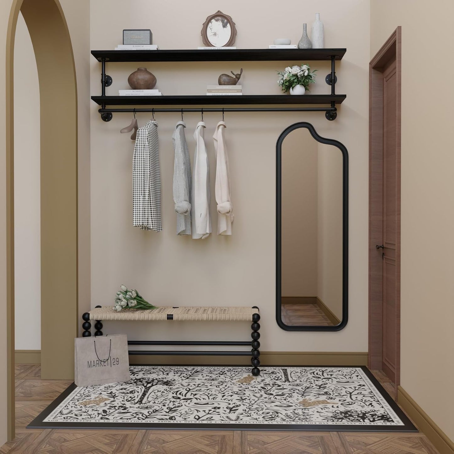 Black Clothes Rack 70in, 2-Tier Wall Mounted Garment Rack with Real Wood Shelf, Heavy Duty Hanging Clothes Rack, Multi-Purpose Hanging Rod, Space-Saving Closet Storage