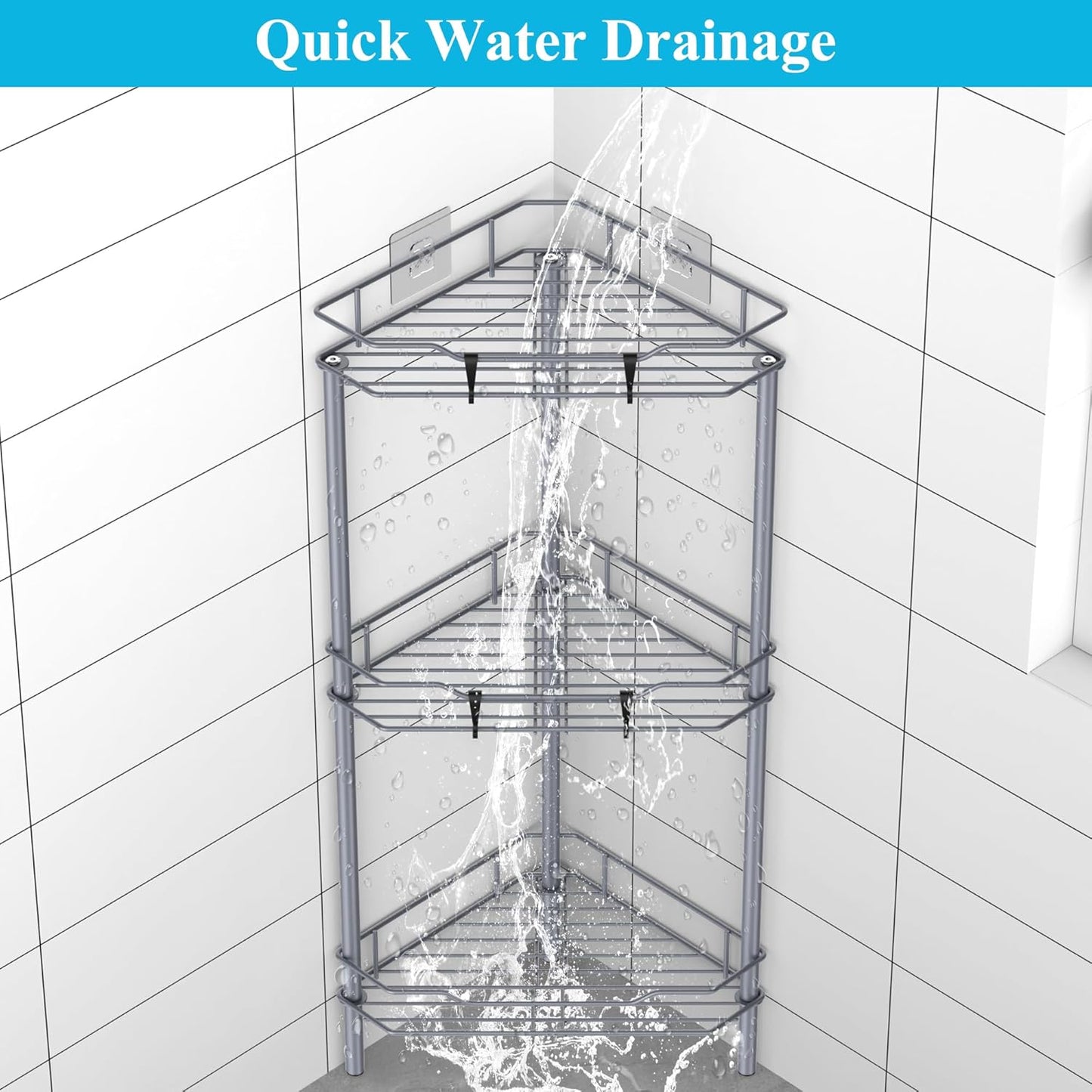 3 Tier Floor Standing Corner Shower Caddy Organizer Shelf with Hooks, Bathroom Shelves Stand Rack, Dark Gray