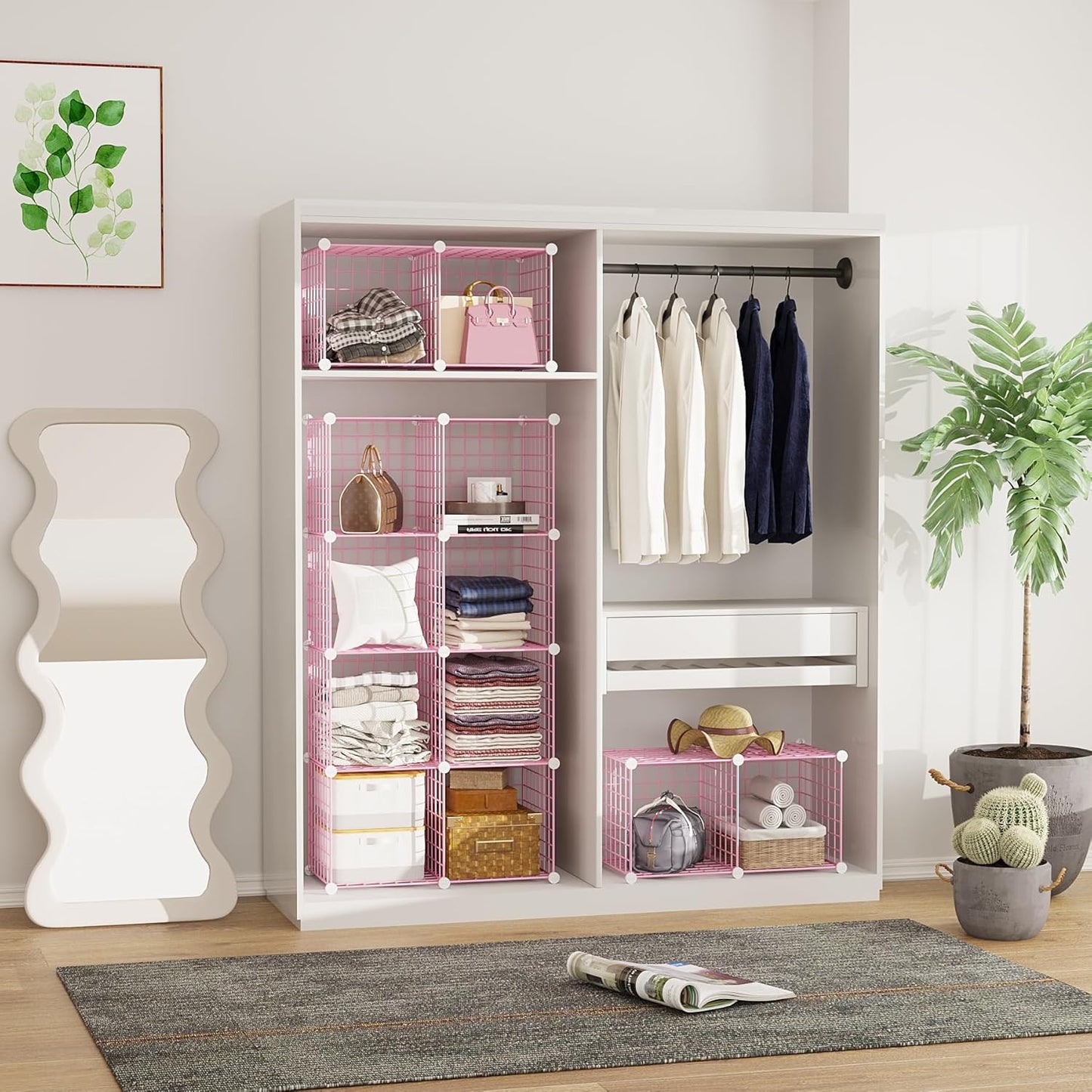 C&AHOME Wire Cube Storage, 12 - Cube Organizer Metal C Grids, Modular Shelves Units, Closet Organizer, Ideal for Home, Office, Living Room, 36.6”L x 12.4”W 48.4”H, Pink UWCS3012P