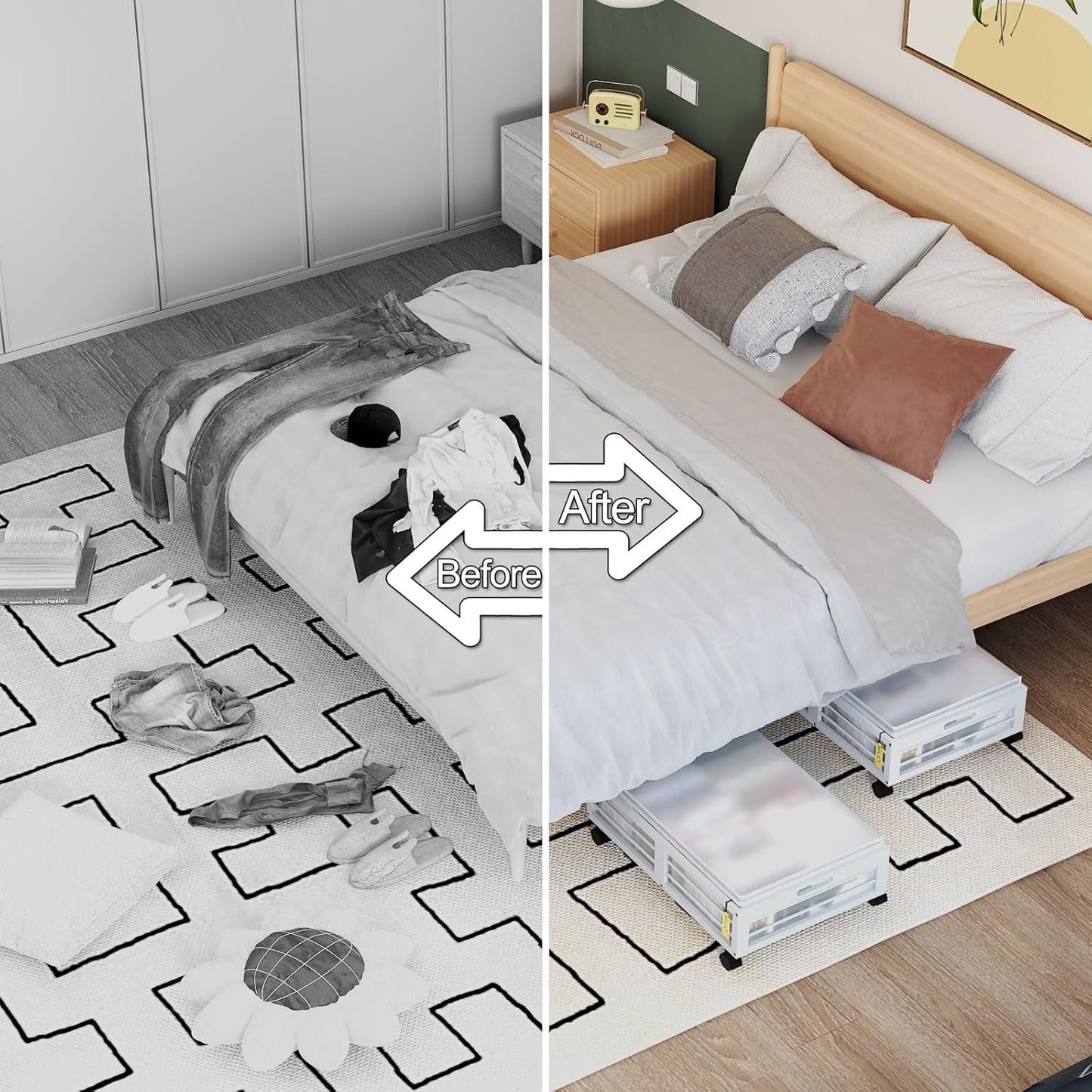 Bamboo Underbed Storage Containers with Wheels & Bag 2 Pack, Large Under Bed Rolling Storage Bins Wood Under Bed Clothes Storage Stackable Drawers for Bedroom Closet Under Crib Toy(White)